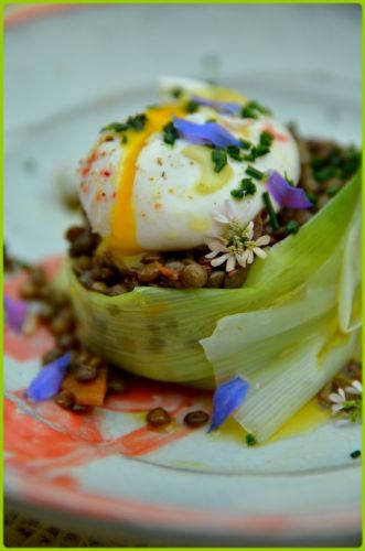 insalata di lenticchie verdi e uovo in camicia